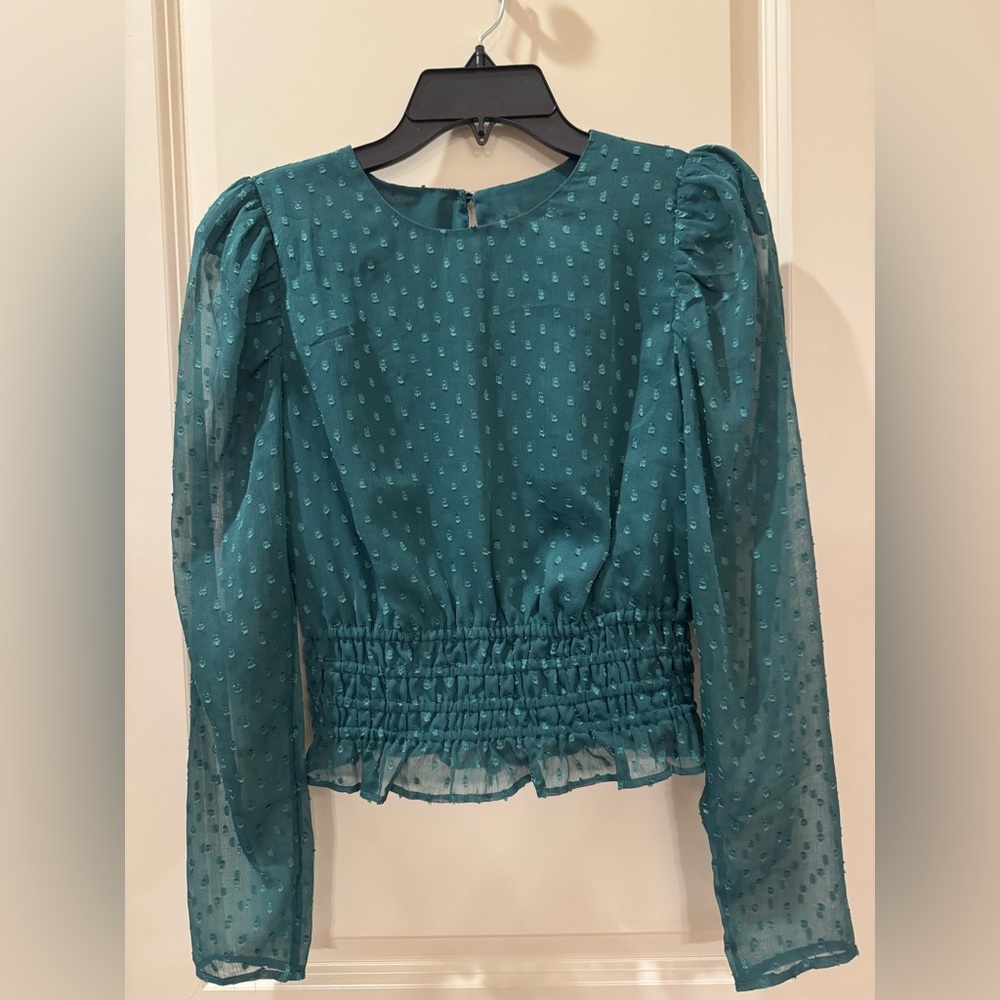Express Teal Textured Blouse with Puff Sleeves